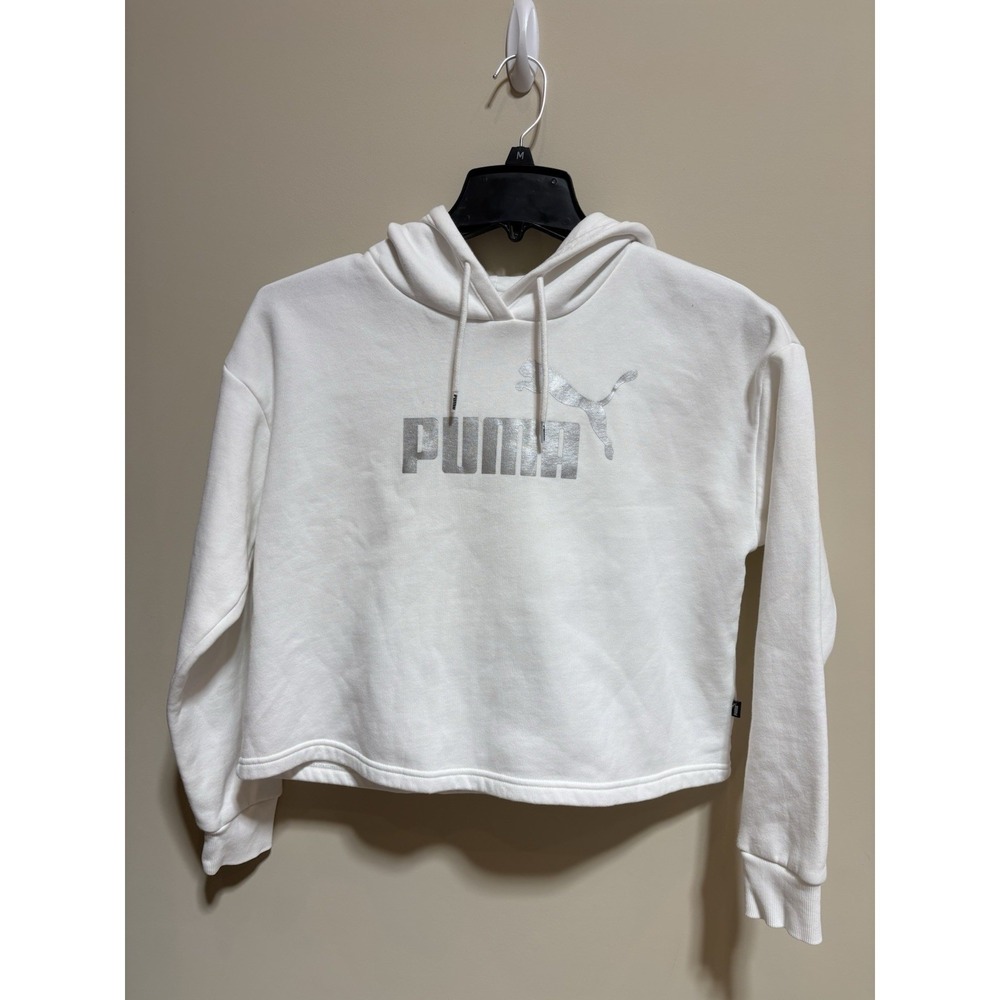 PUMA Women's White Cropped Pullover Hoodie S Fleece Logo Long Sleeve